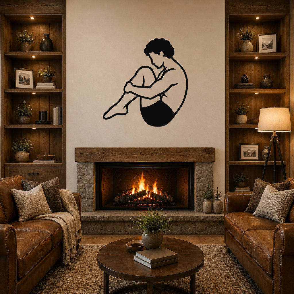 Male Classical Pilates Rolling Like a Ball waterproof steel metal wall art, mockup 1