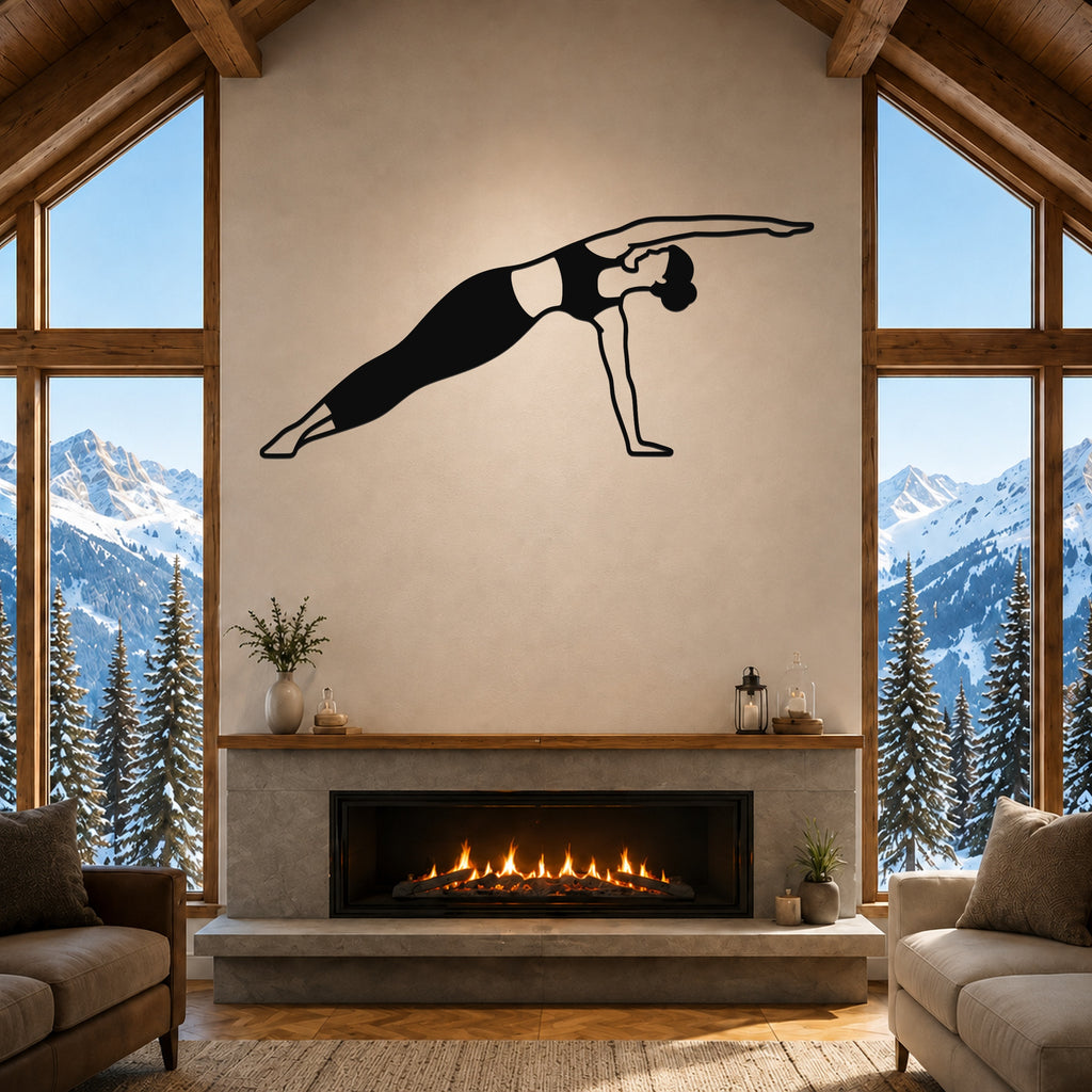 Female Classical Pilates Side Bend waterproof steel metal wall art, mockup 1