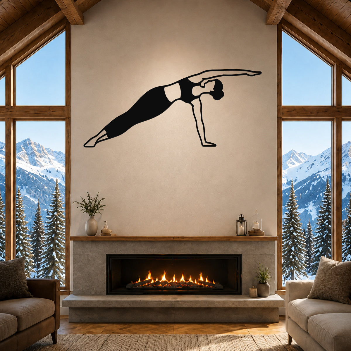 Female Classical Pilates Side Bend waterproof steel metal wall art, mockup 1