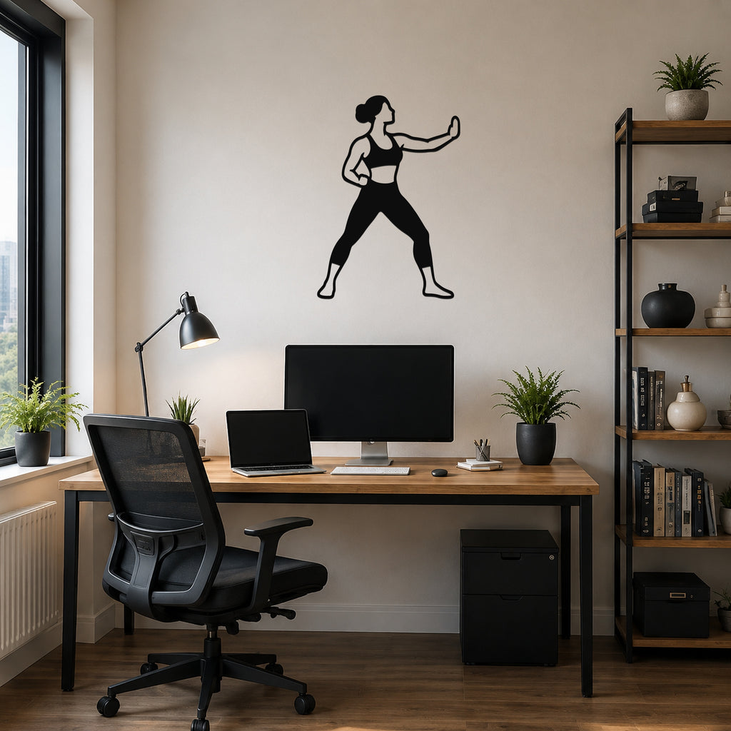 Female Karate Inside Block waterproof steel metal wall art, mockup 1