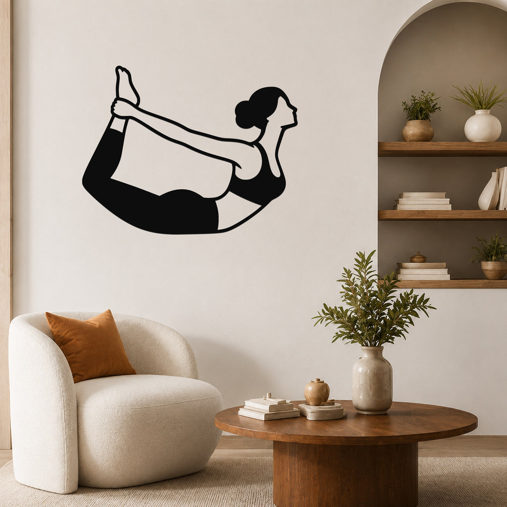 Female Classical Pilates Rocking waterproof steel metal wall art, mockup 1