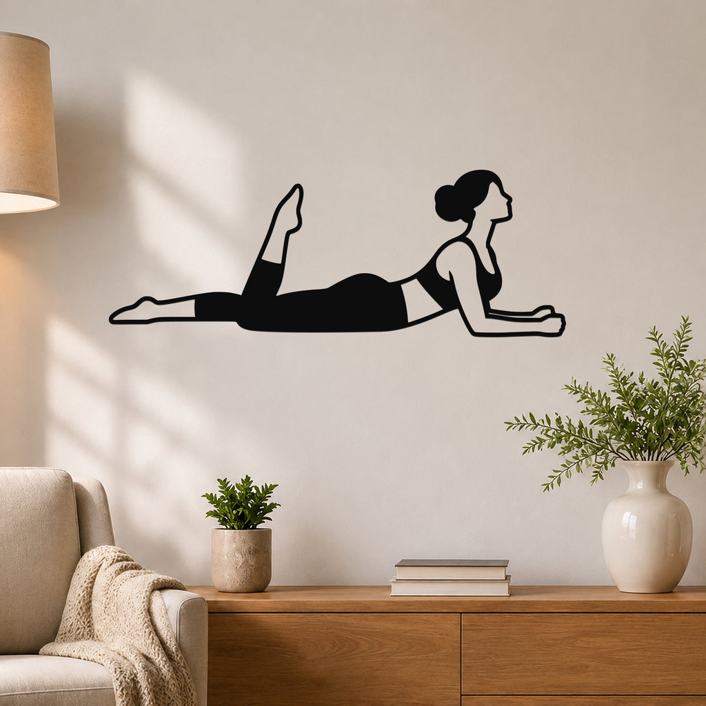 Female Classical Pilates One Leg Kick waterproof steel metal wall art, mockup 1