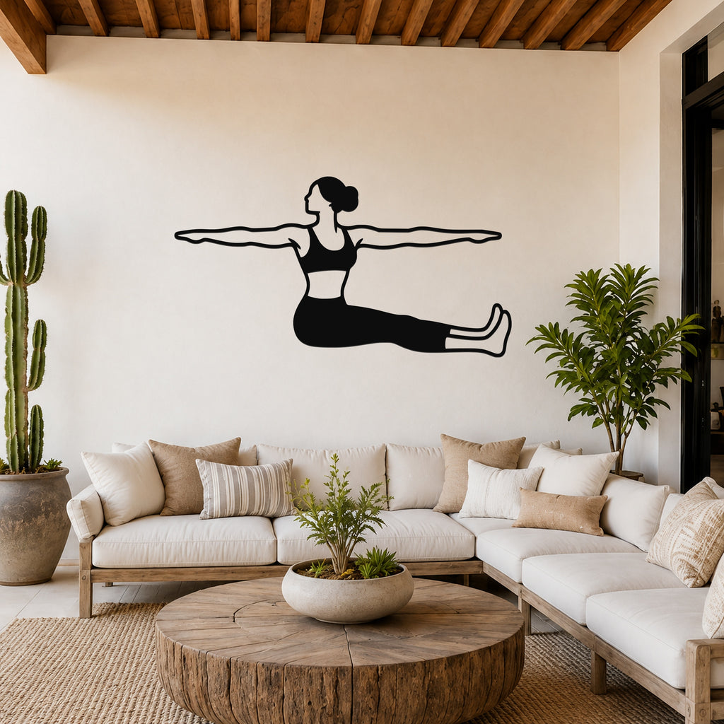 Female Classical Pilates Spine Twist waterproof steel metal wall art, mockup 1