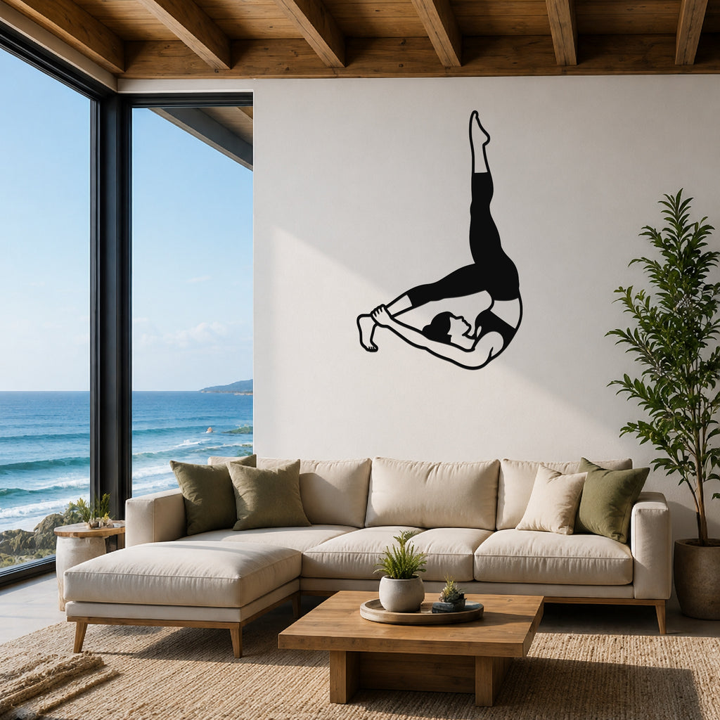 Female Classical Pilates Control Balance waterproof steel metal wall art, mockup 1