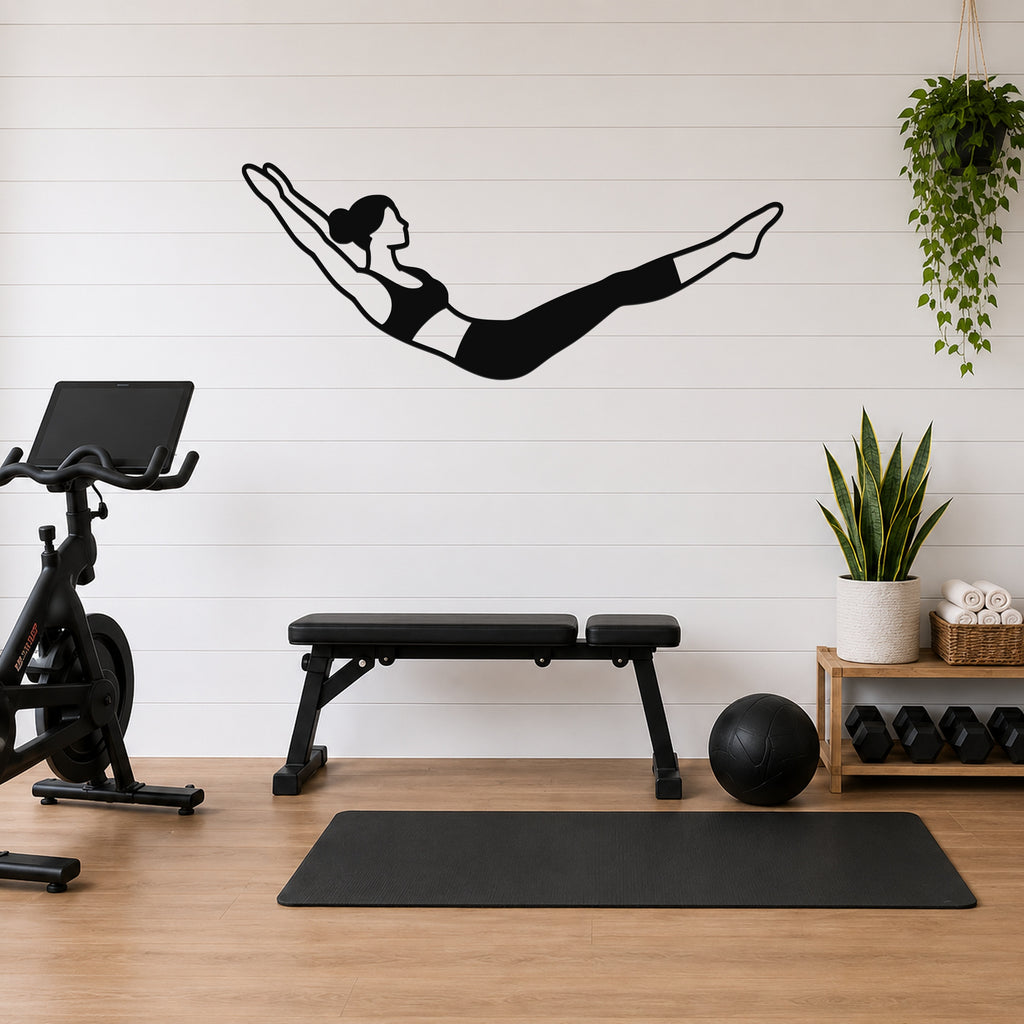 Female Classical Pilates Double Leg Stretch waterproof steel metal wall art, mockup 1