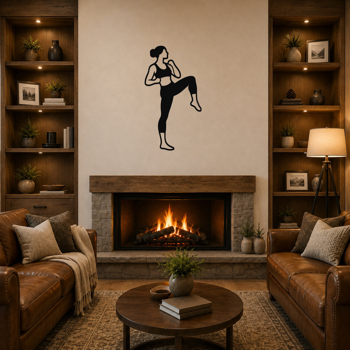 Female Karate Knee Strike waterproof steel metal wall art, mockup 1