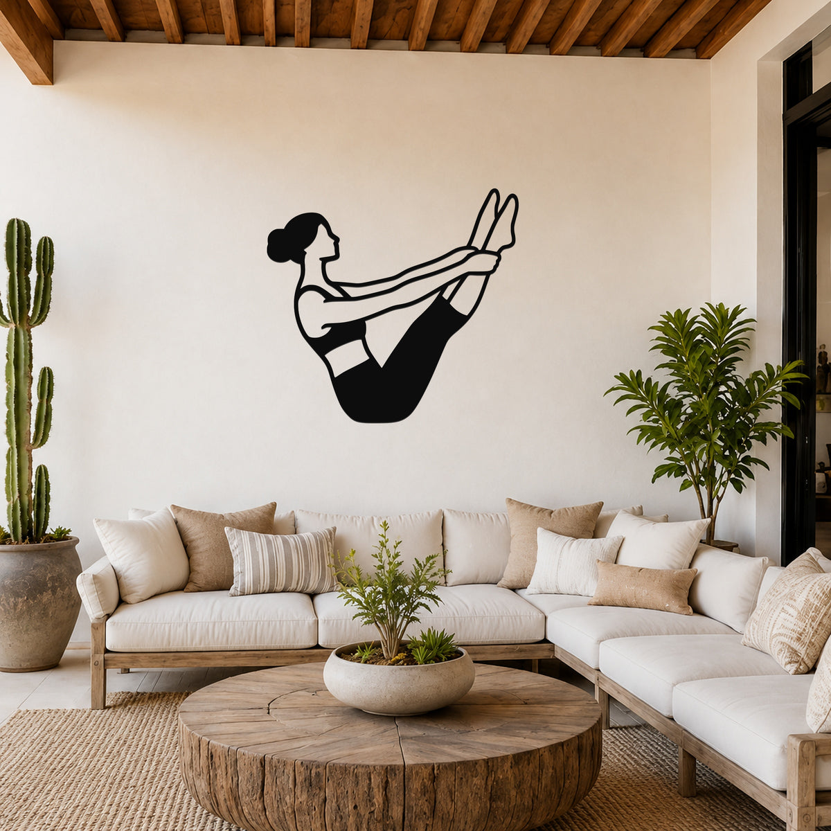 Female Classical Pilates Open Leg Rocker waterproof steel metal wall art, mockup 1