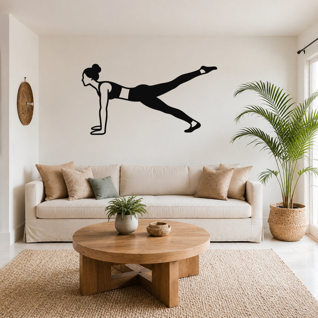 Female Classical Pilates Leg Pull Front waterproof steel metal wall art, mockup 1