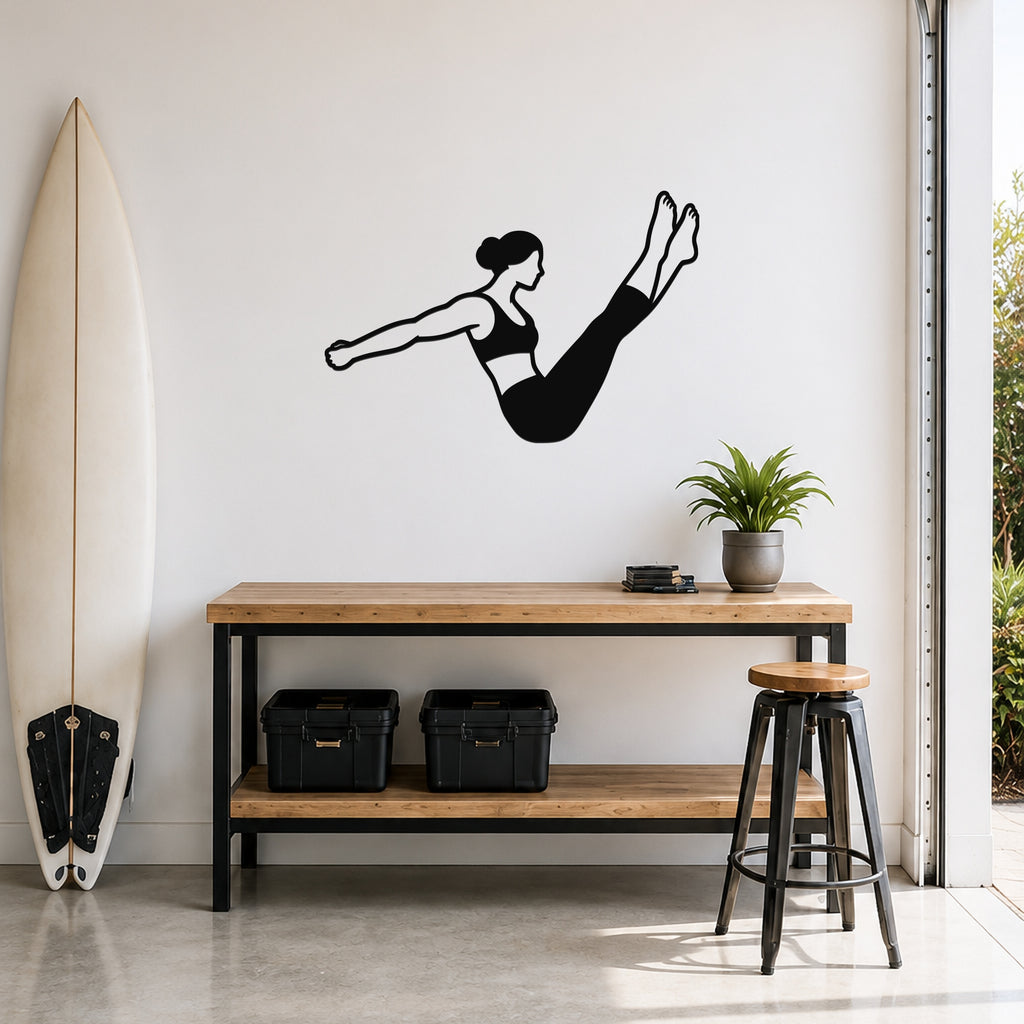 Female Classical Pilates Boomerang waterproof steel metal wall art, mockup 1