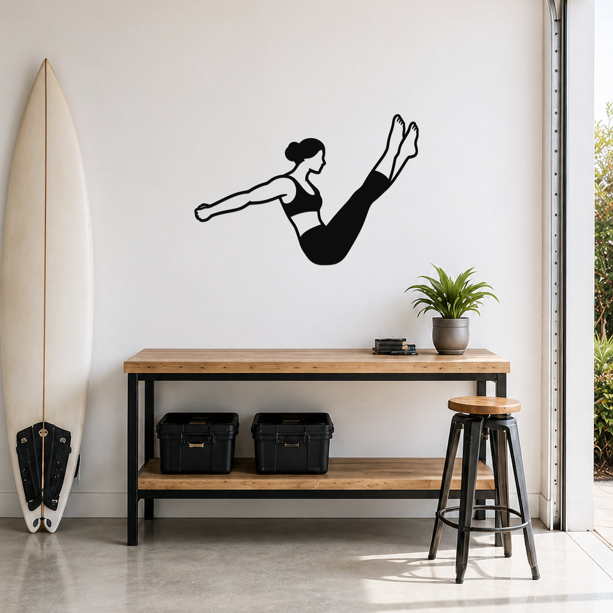 Female Classical Pilates Boomerang waterproof steel metal wall art, mockup 1