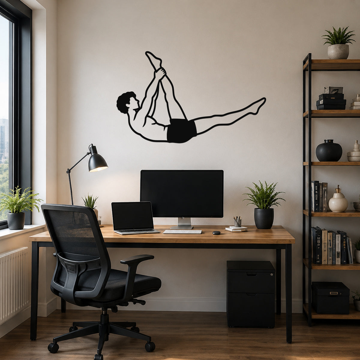 Male Classical Pilates Single Straight Leg waterproof steel metal wall art, mockup 1