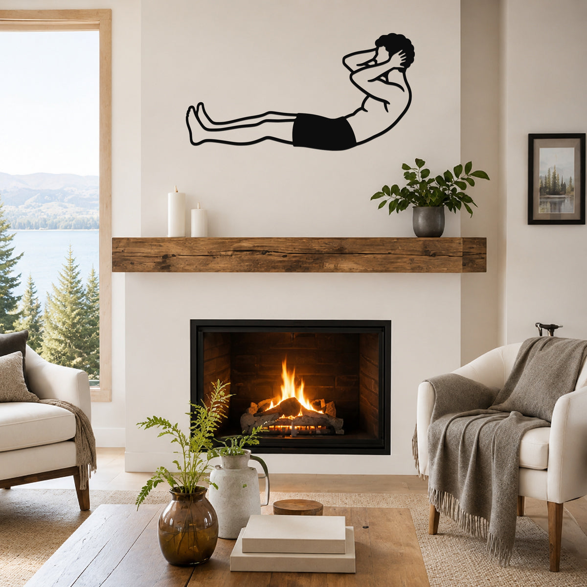 Male Classical Pilates Neck Pull waterproof steel metal wall art, mockup 1