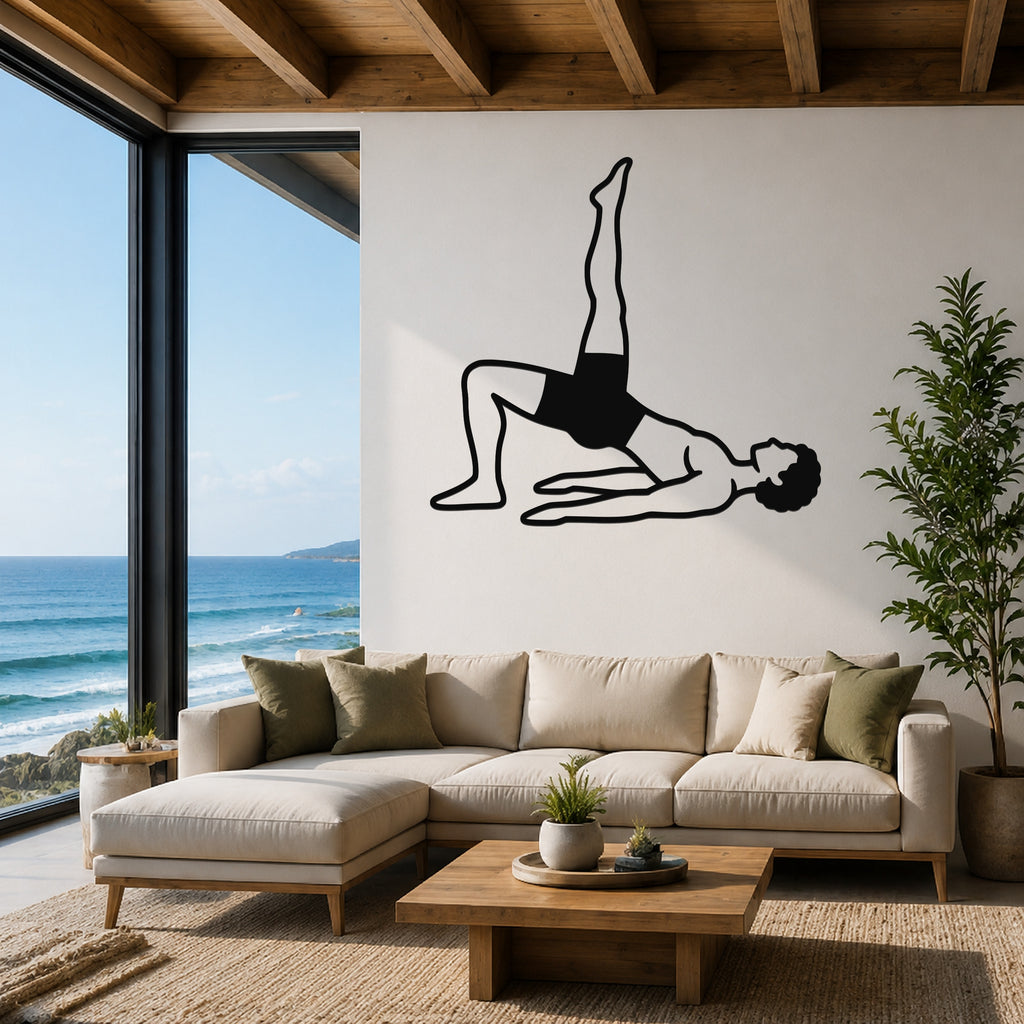 Male Classical Pilates Shoulder Bridge waterproof steel metal wall art, mockup 1