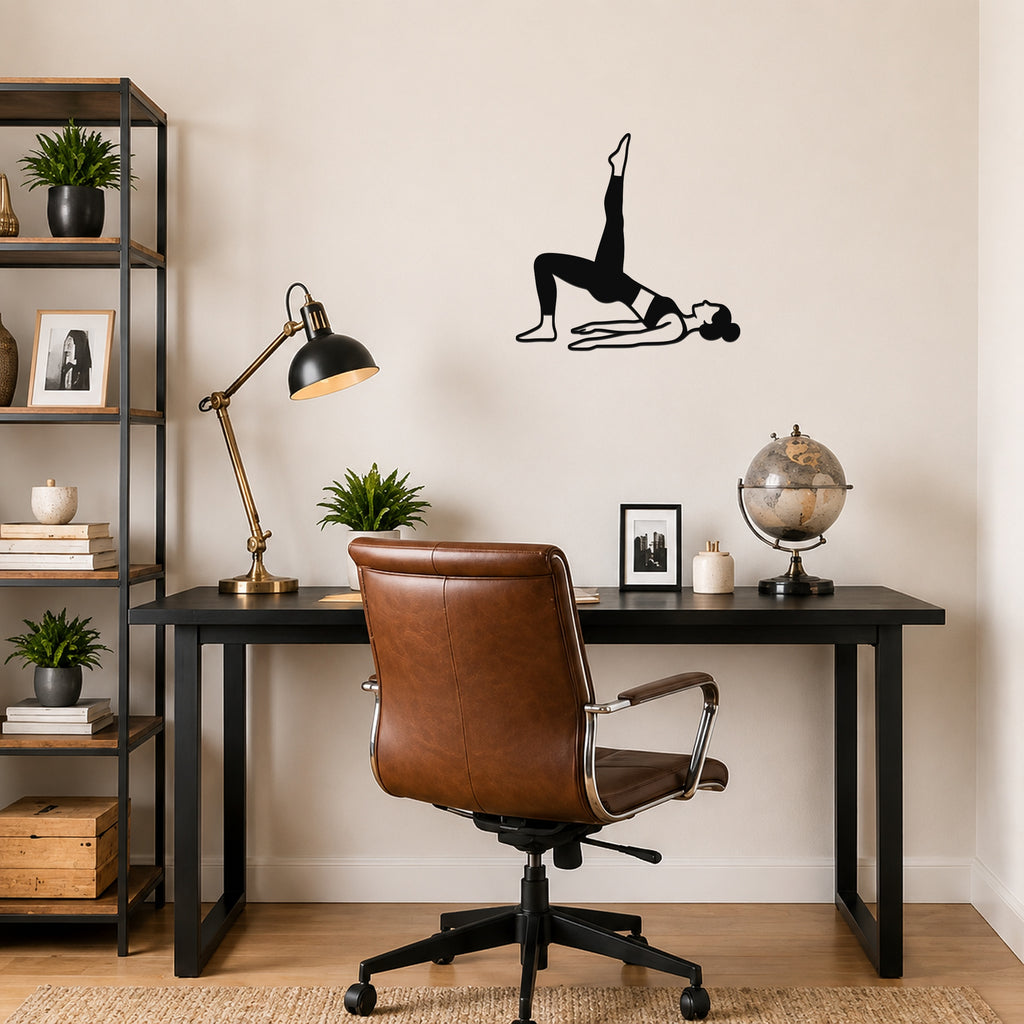 Female Classical Pilates Shoulder Bridge waterproof steel metal wall art, mockup 1