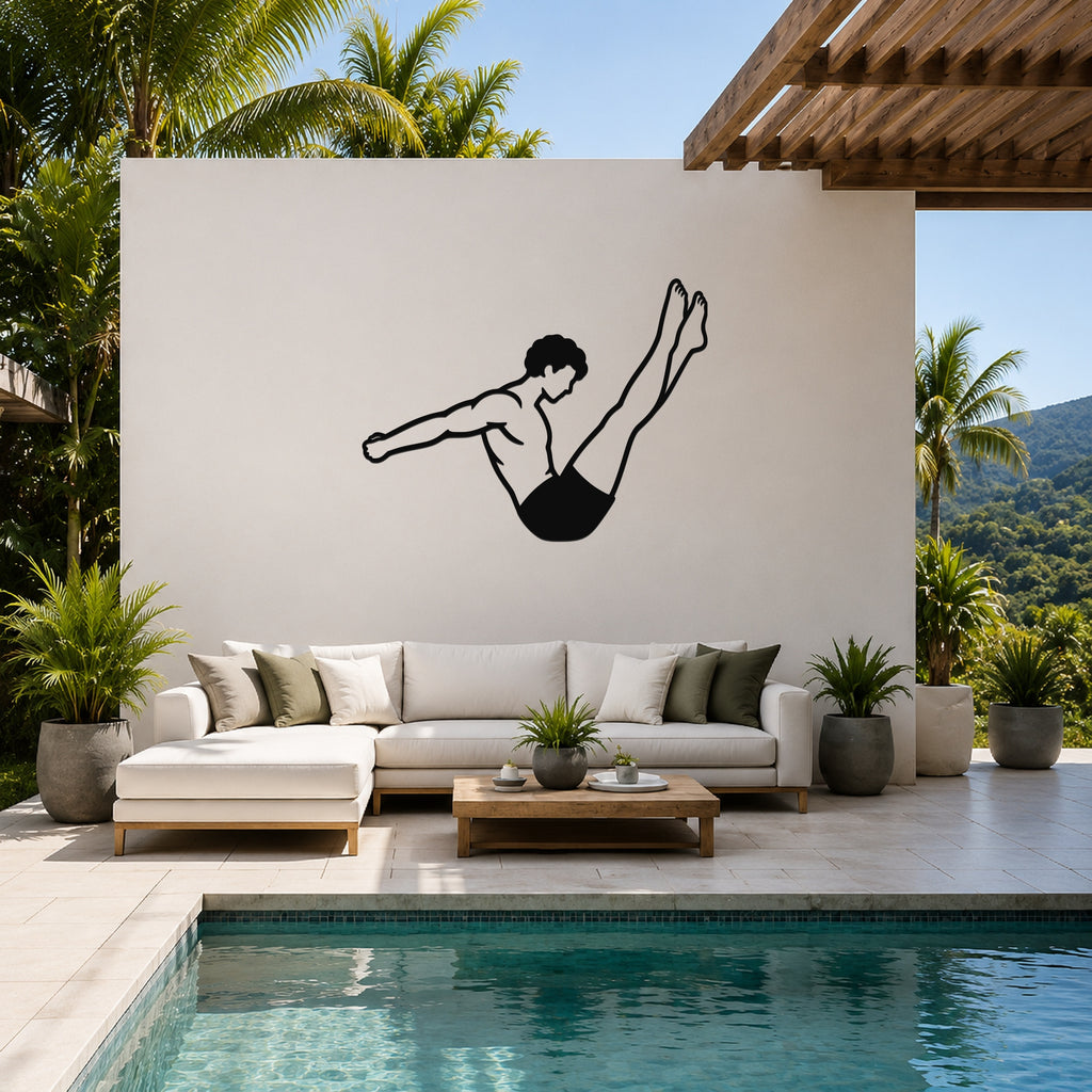 Male Classical Pilates Boomerang waterproof steel metal wall art, mockup 1