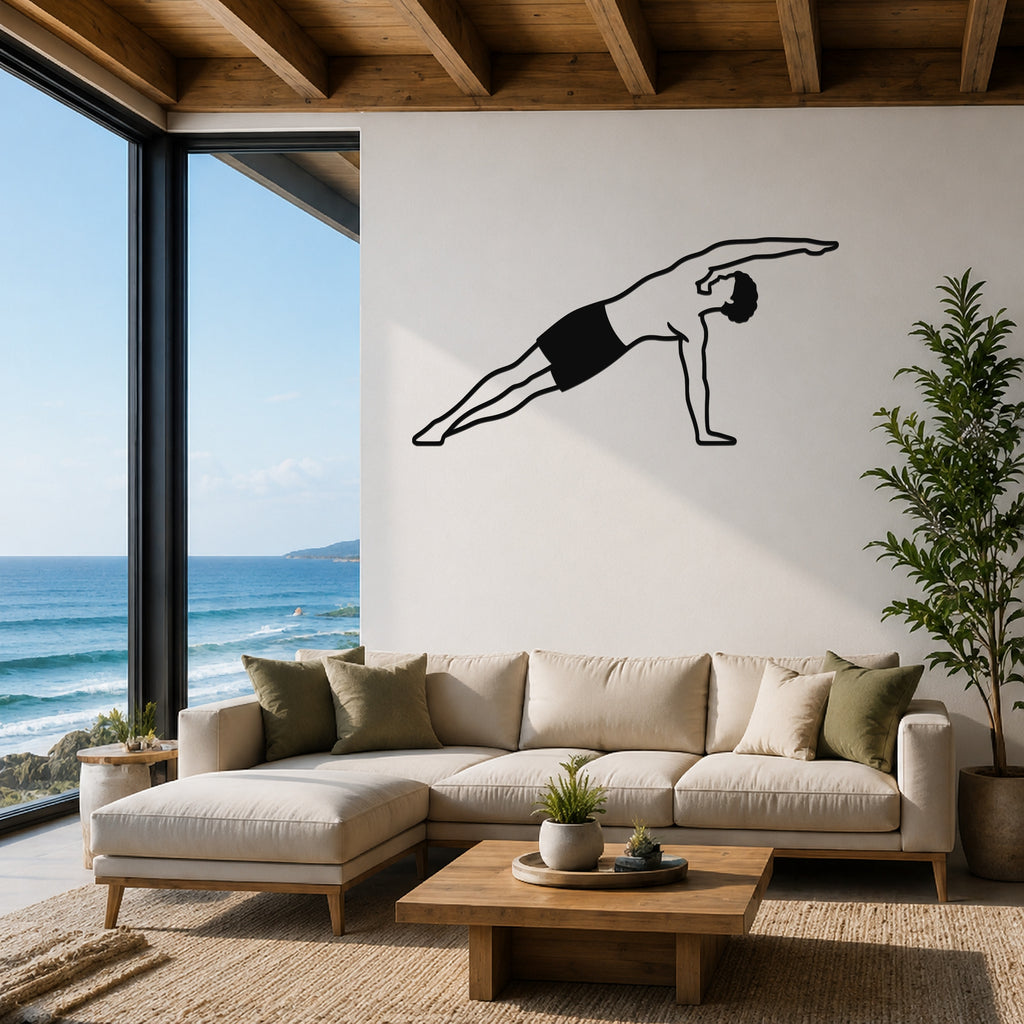 Male Classical Pilates Side Bend waterproof steel metal wall art, mockup 1