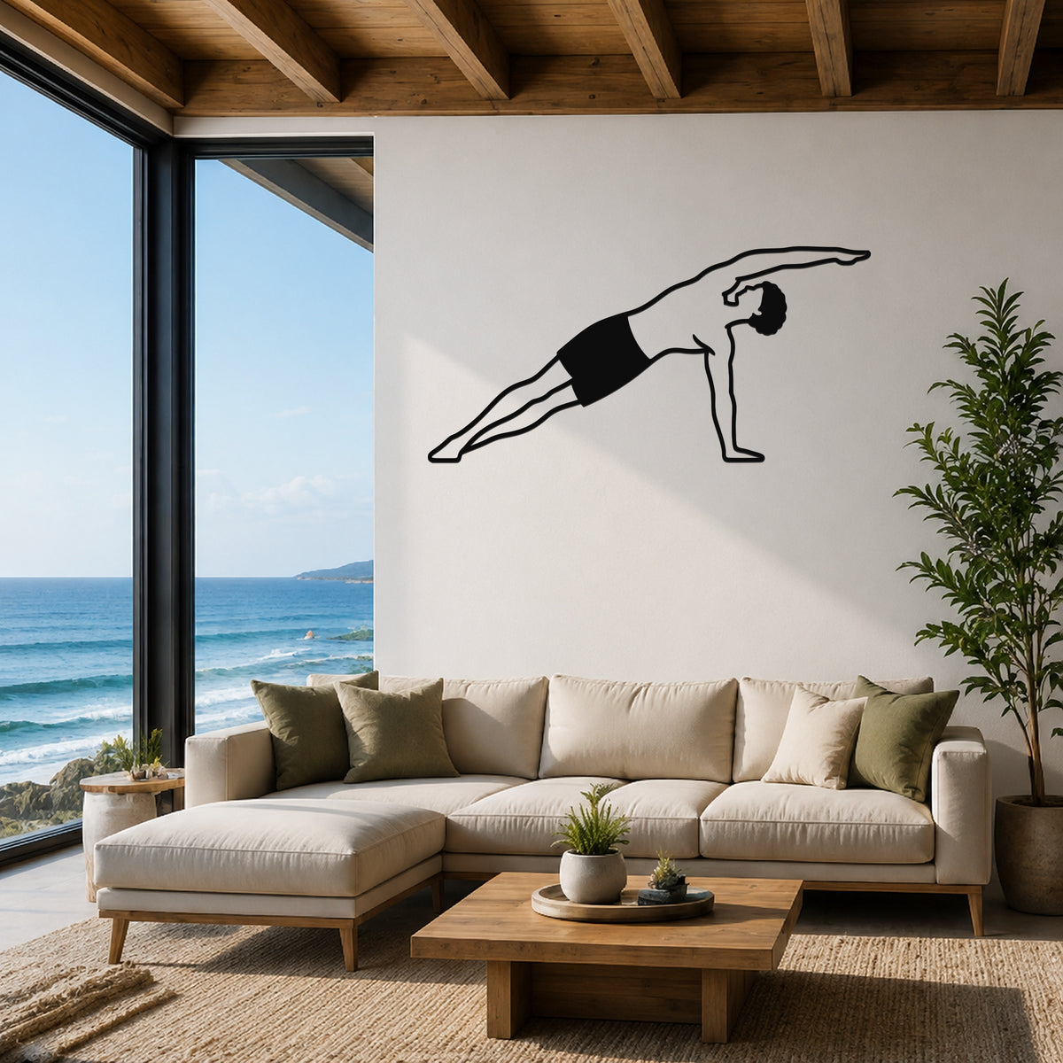 Male Classical Pilates Side Bend waterproof steel metal wall art, mockup 1