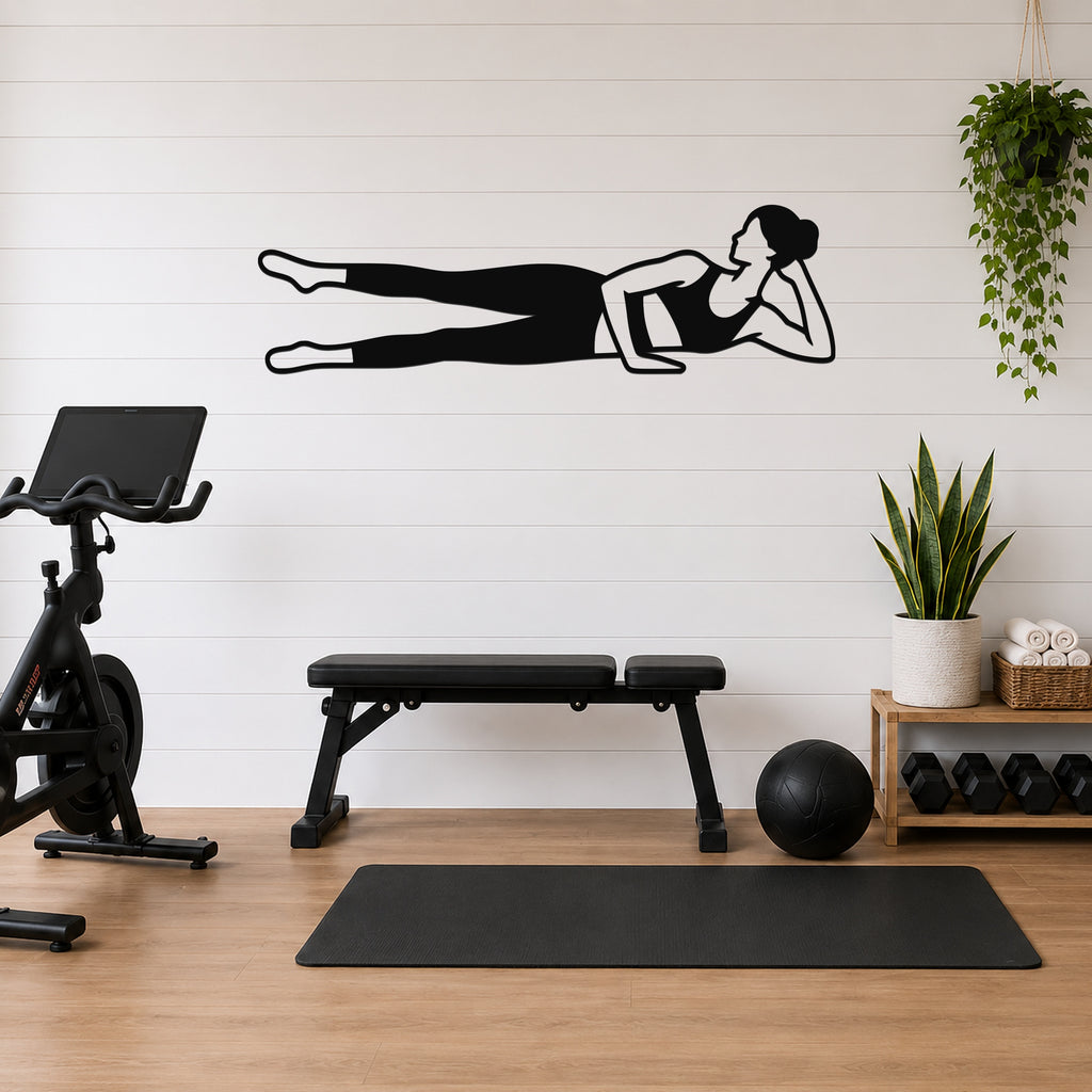 Female Classical Pilates Side Kick waterproof steel metal wall art, mockup 1