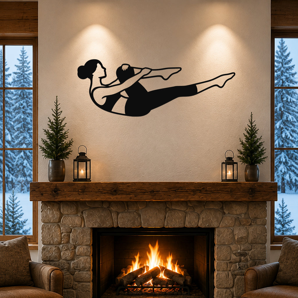 Female Classical Pilates Single Leg Stretch waterproof steel metal wall art, mockup 1