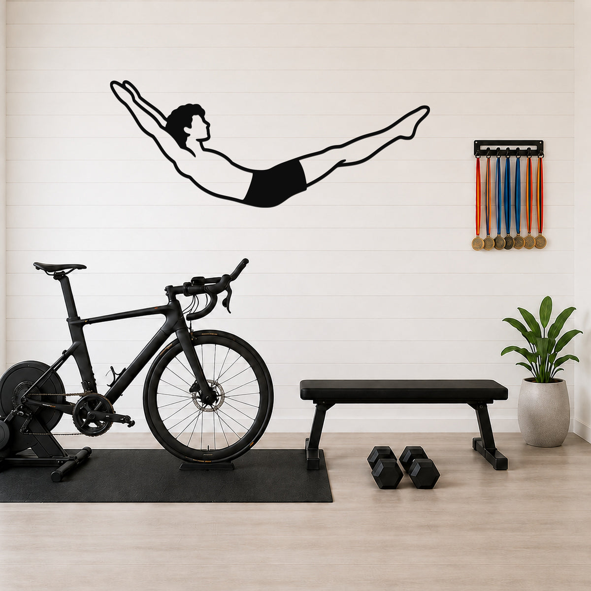 Male Classical Pilates Double Leg Stretch waterproof steel metal wall art, mockup 1