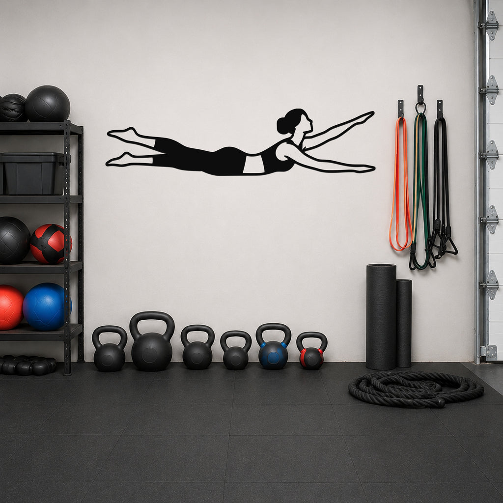 Female Classical Pilates Swimming waterproof steel metal wall art, mockup 1