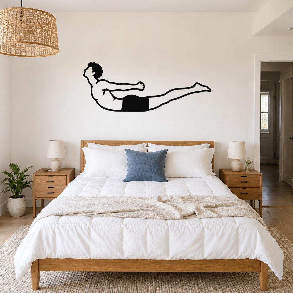 Male Classical Pilates Double Leg Kick waterproof steel metal wall art, mockup 1