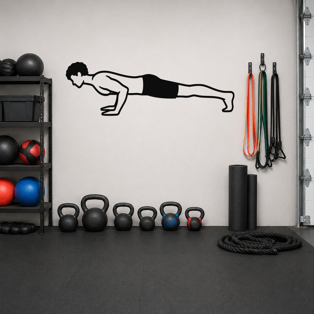 Male Classical Pilates Push Up waterproof steel metal wall art, mockup 1
