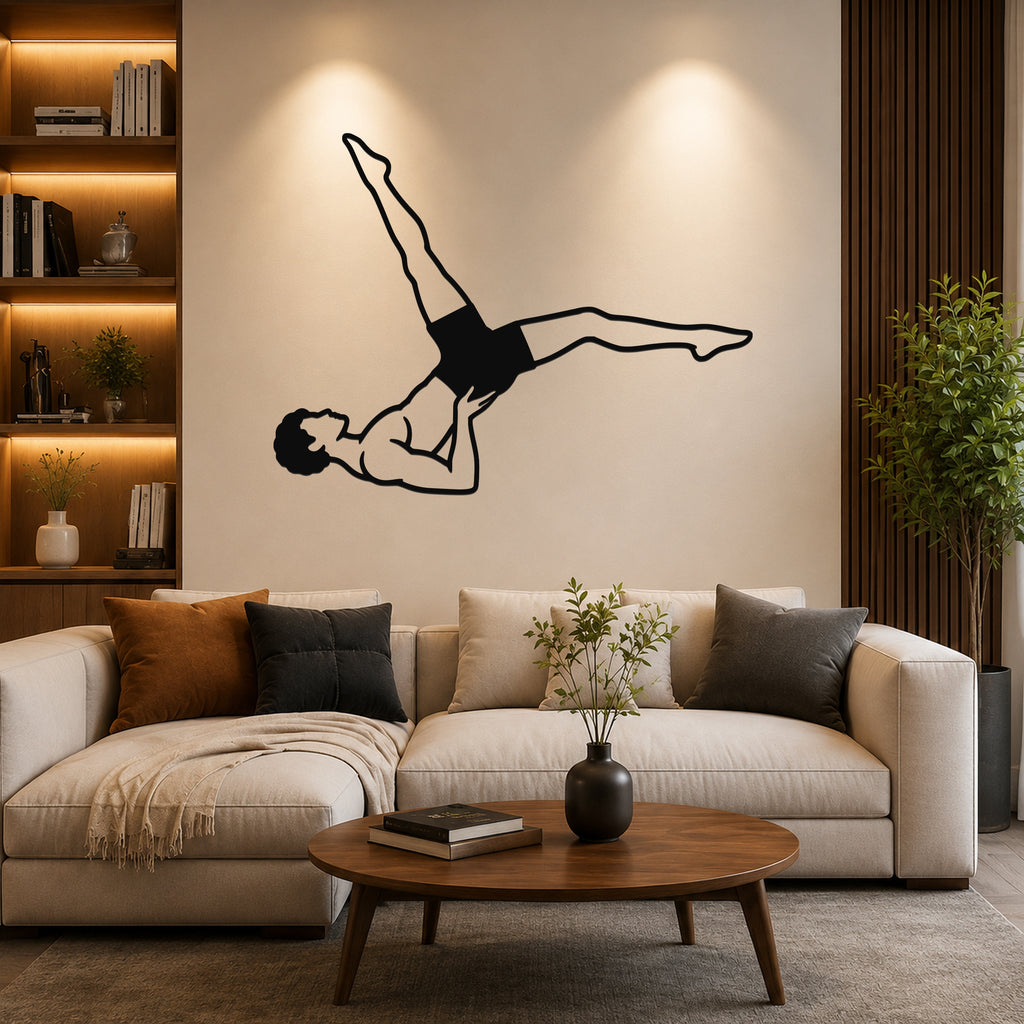 Male Classical Pilates Bicycle waterproof steel metal wall art, mockup 1