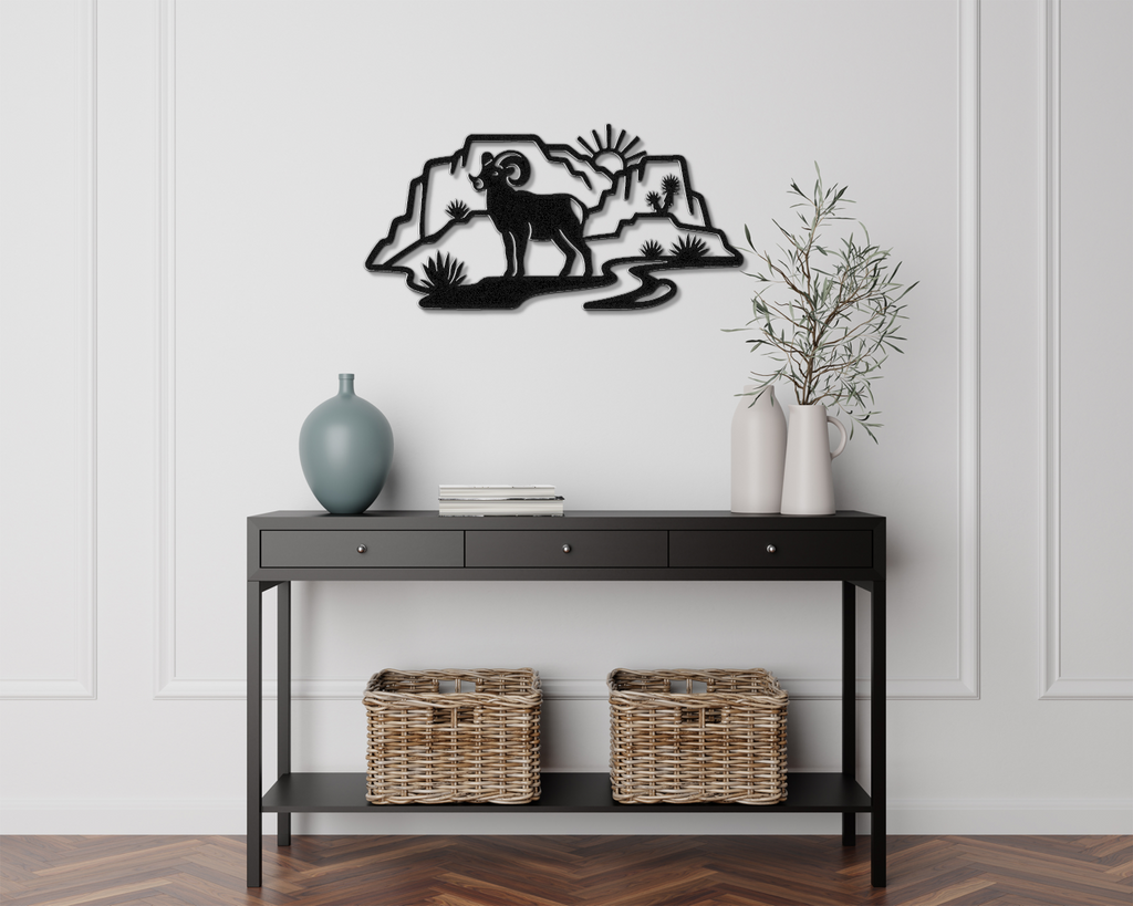 Bighorn Sheep and Joshua Tree Metal Wall Art - Southwestern Rustic Decor - Weatherproof Steel, Bold Silhouette, Indoor Outdoor Accent
