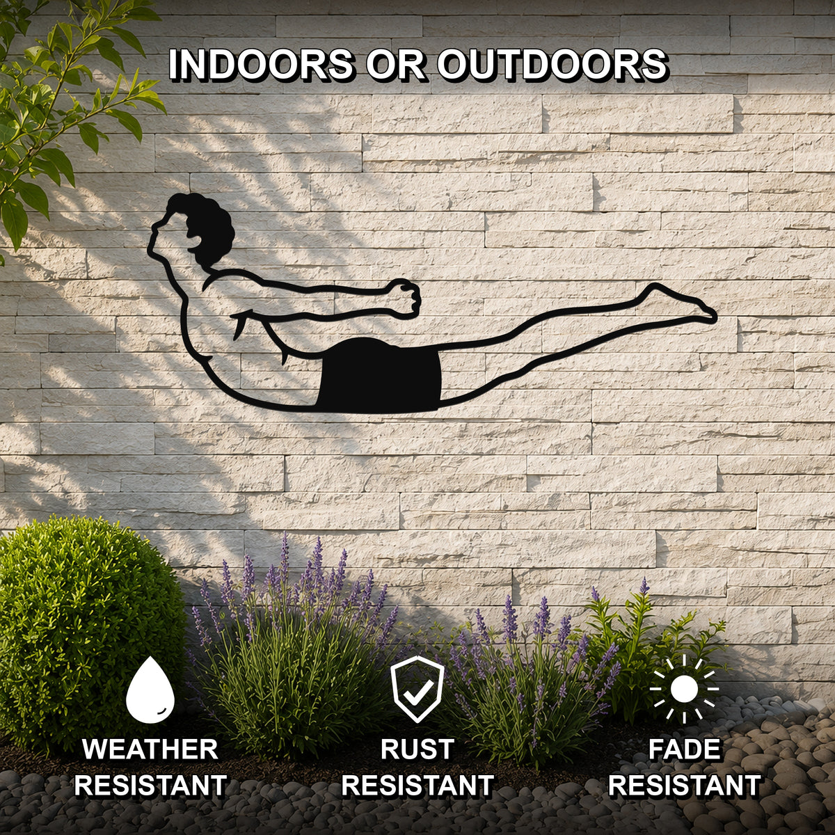 Male Classical Pilates Double Leg Kick waterproof steel metal wall art, mockup 2