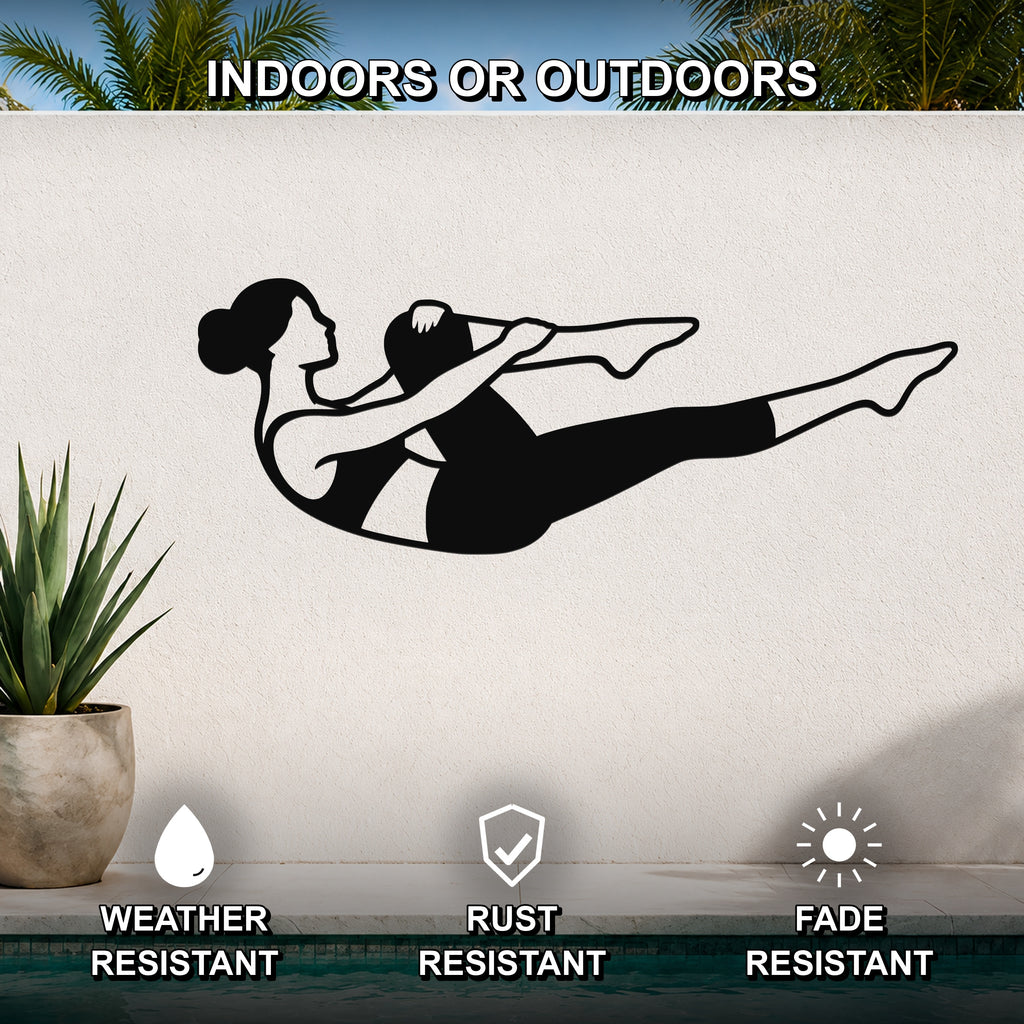Female Classical Pilates Single Leg Stretch waterproof steel metal wall art, mockup 2