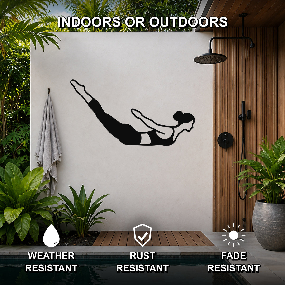 Female Classical Pilates Swan Dive waterproof steel metal wall art, mockup 2