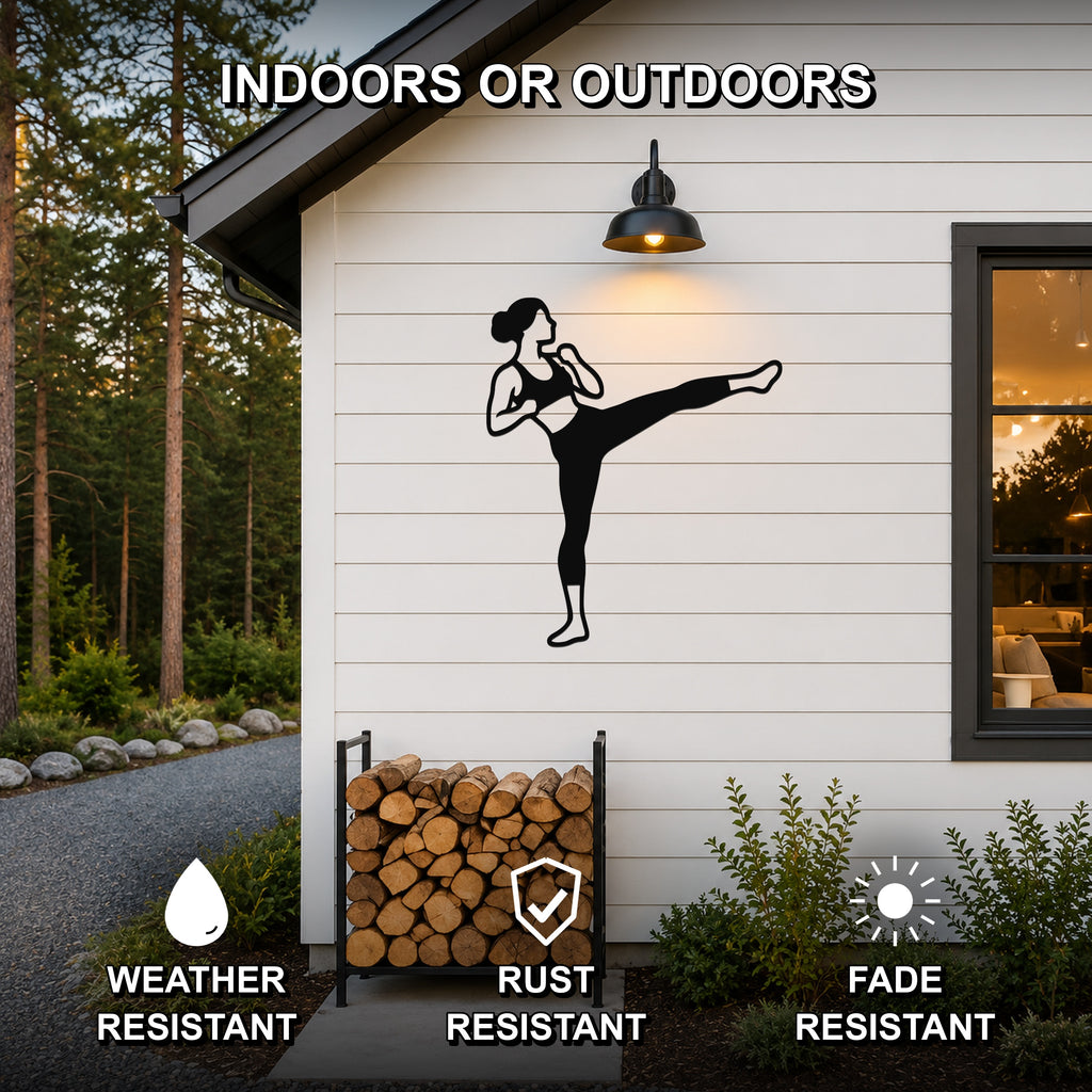 Female Karate Roundhouse Kick waterproof steel metal wall art, mockup 2