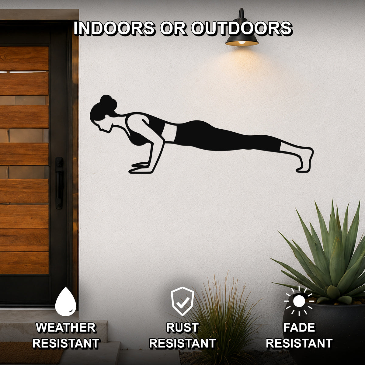 Female Classical Pilates Push Up waterproof steel metal wall art, mockup 2