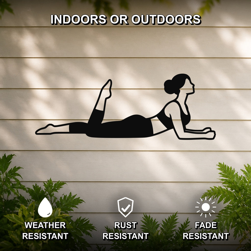 Female Classical Pilates One Leg Kick waterproof steel metal wall art, mockup 2