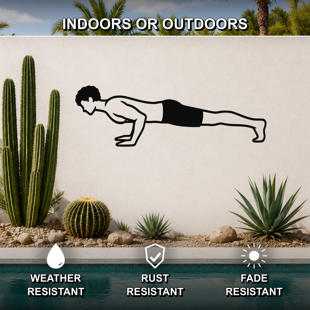 Male Classical Pilates Push Up waterproof steel metal wall art, mockup 2