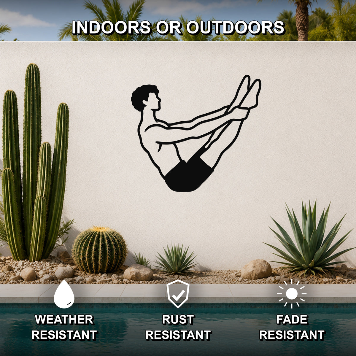 Male Classical Pilates Open Leg Rocker waterproof steel metal wall art, mockup 2