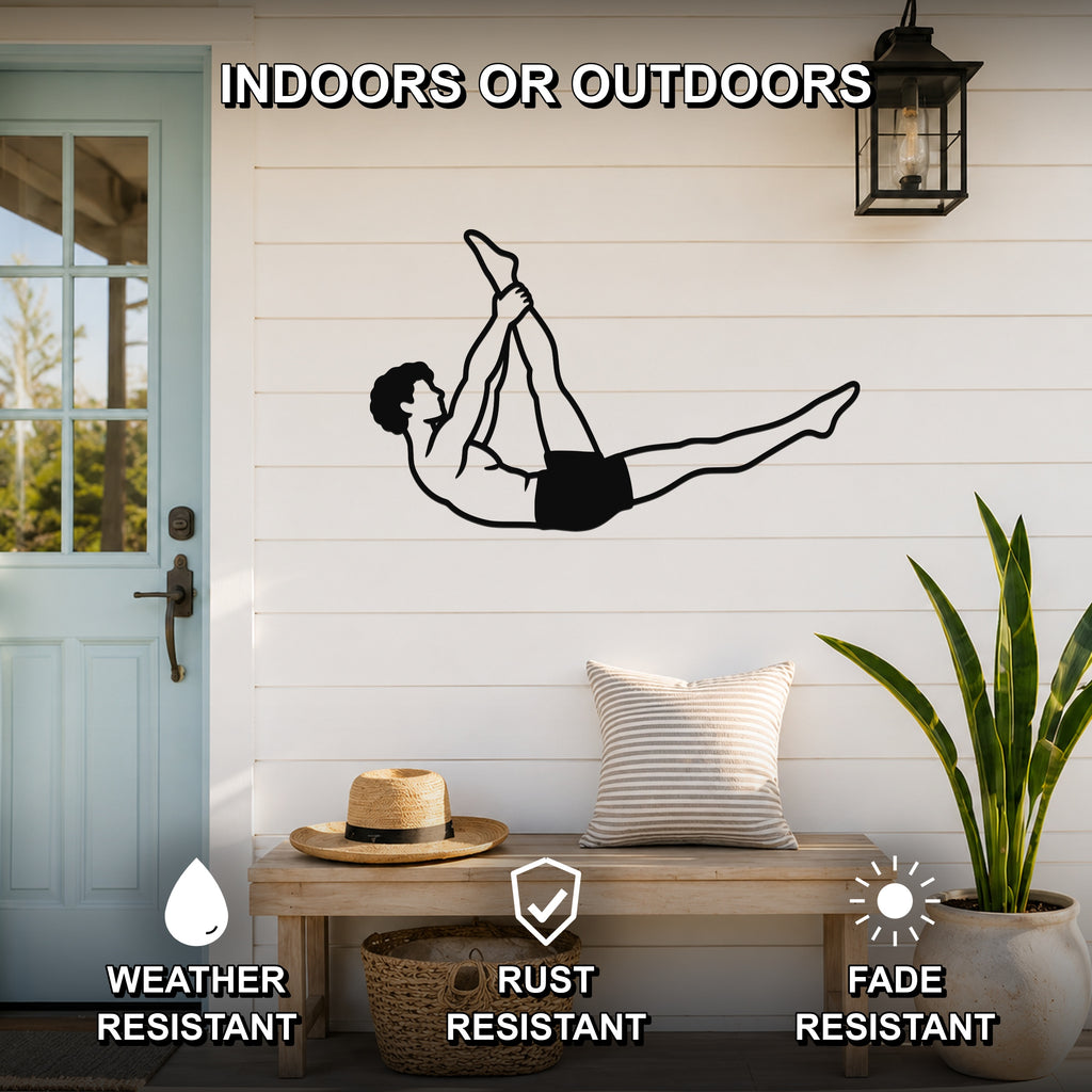 Male Classical Pilates Single Straight Leg waterproof steel metal wall art, mockup 2