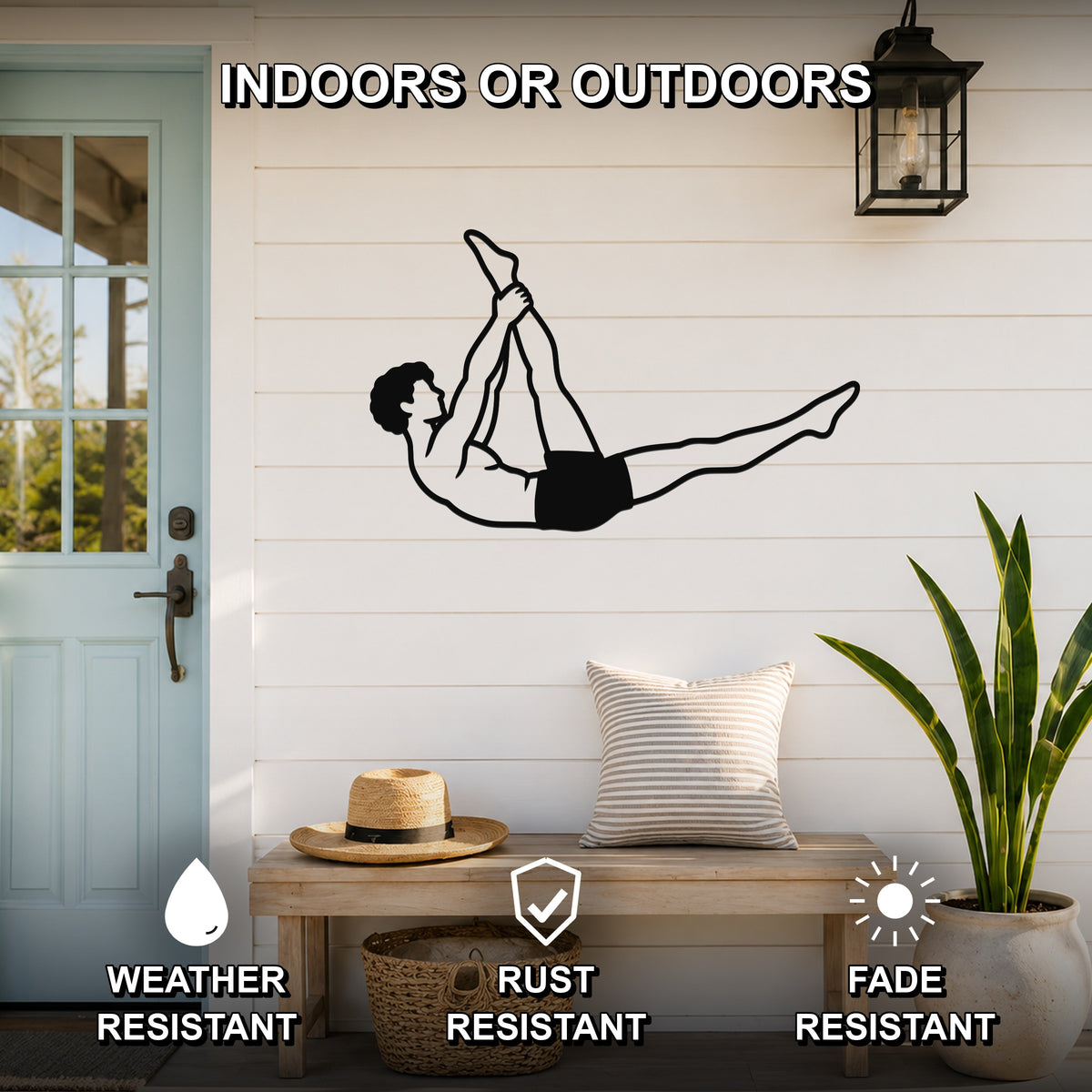 Male Classical Pilates Single Straight Leg waterproof steel metal wall art, mockup 2