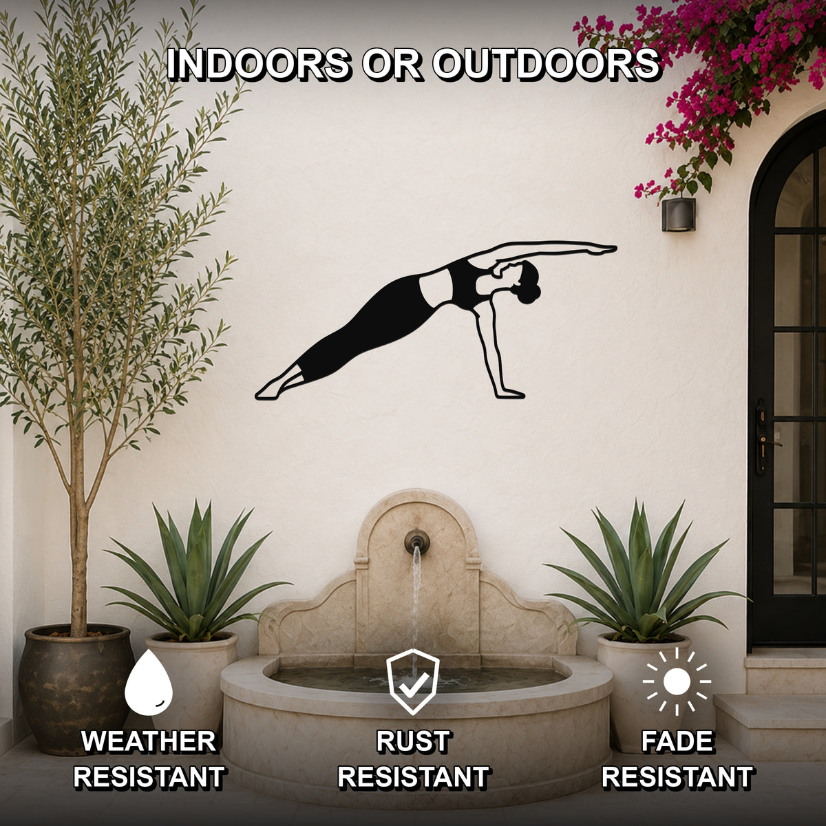 Female Classical Pilates Side Bend waterproof steel metal wall art, mockup 2