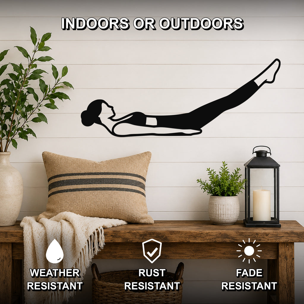 Female Classical Pilates Hundred waterproof steel metal wall art, mockup 2