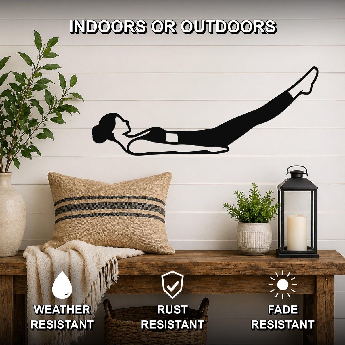 Female Classical Pilates Hundred waterproof steel metal wall art, mockup 2