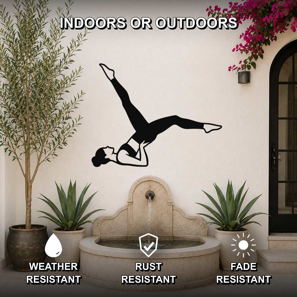 Female Classical Pilates Bicycle waterproof steel metal wall art, mockup 2