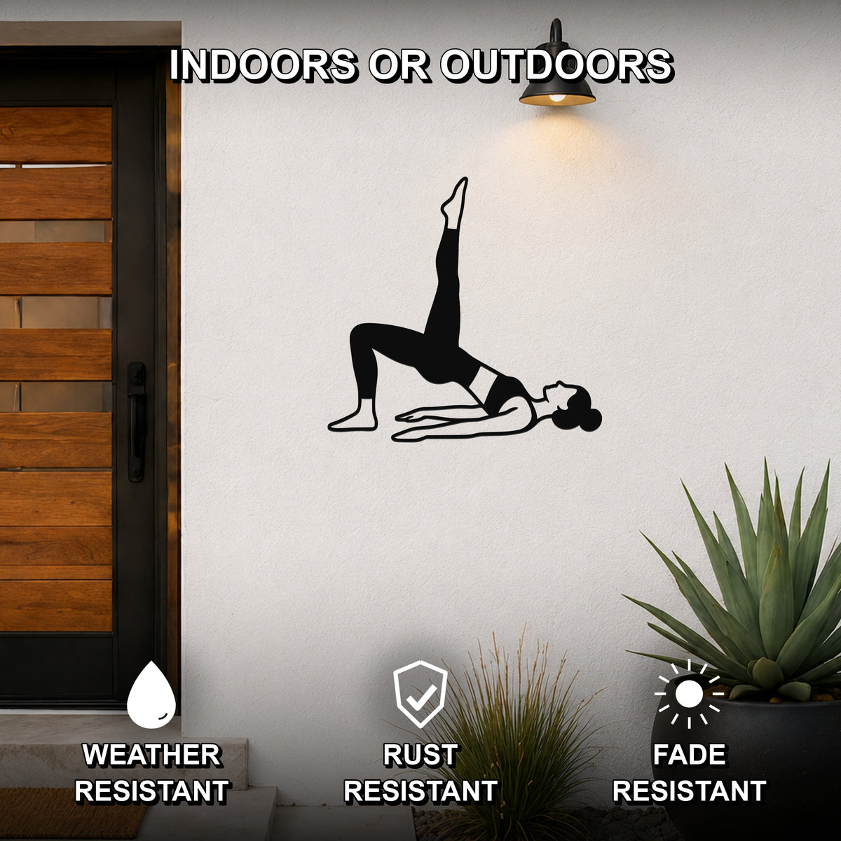 Female Classical Pilates Shoulder Bridge waterproof steel metal wall art, mockup 2