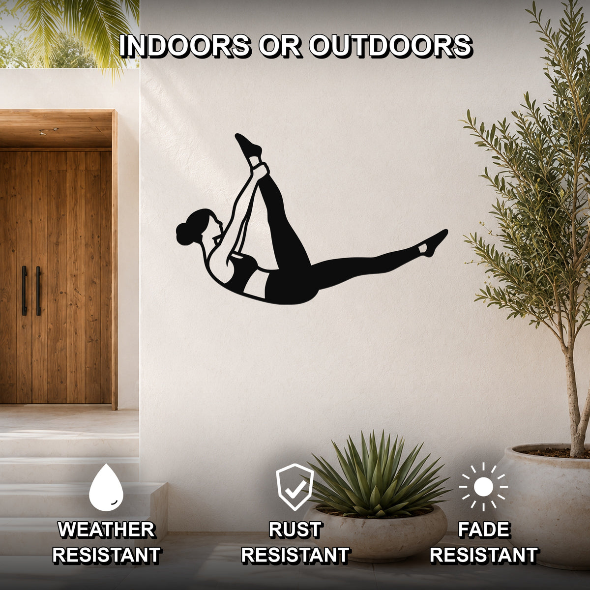 Female Classical Pilates Single Straight Leg waterproof steel metal wall art, mockup 2