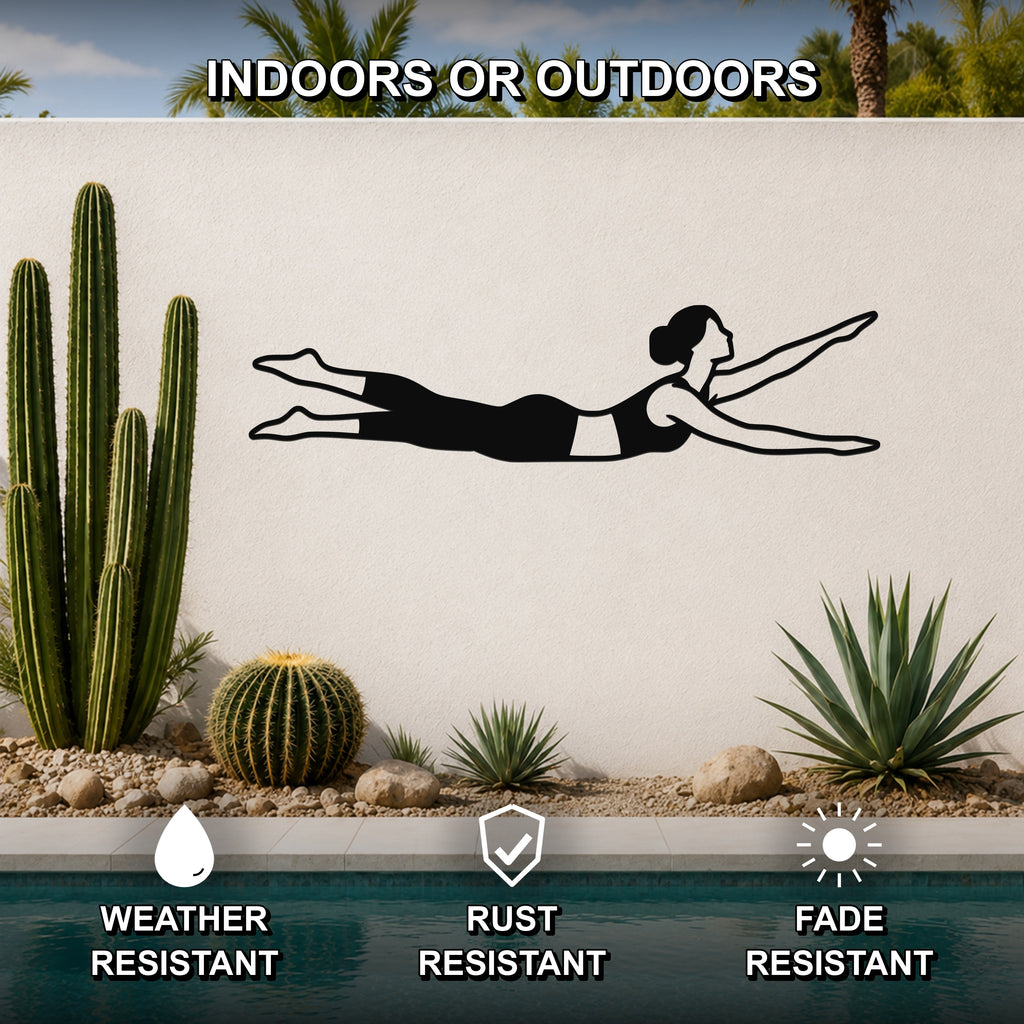 Female Classical Pilates Swimming waterproof steel metal wall art, mockup 2