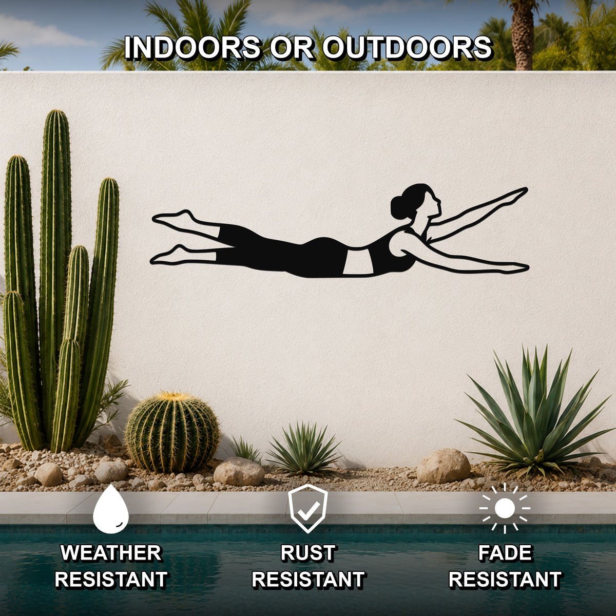 Female Classical Pilates Swimming waterproof steel metal wall art, mockup 2