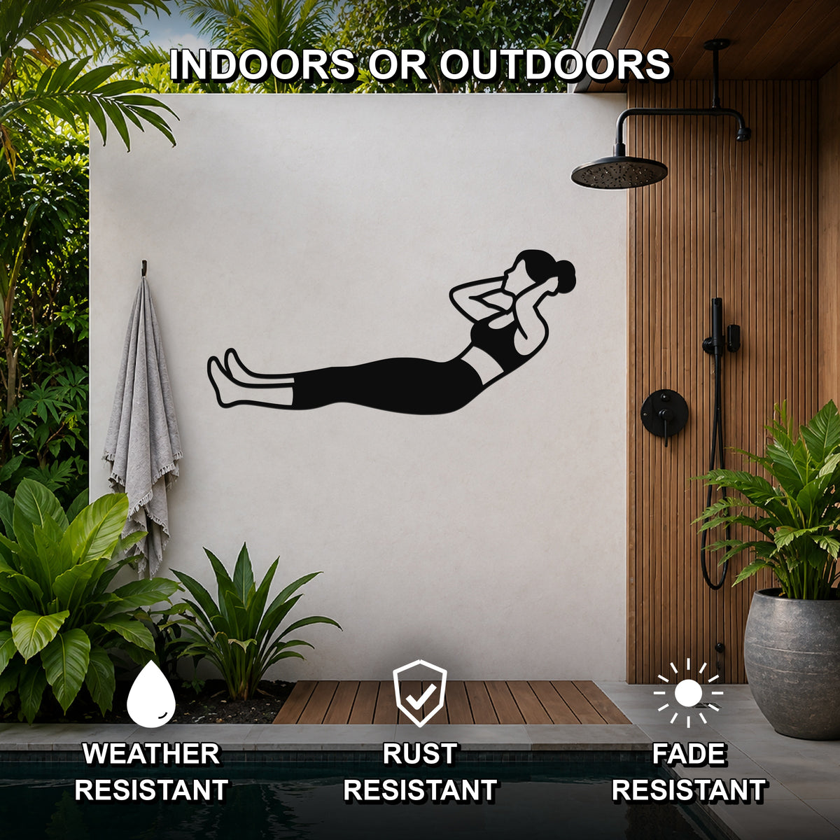 Female Classical Pilates Neck Pull waterproof steel metal wall art, mockup 2