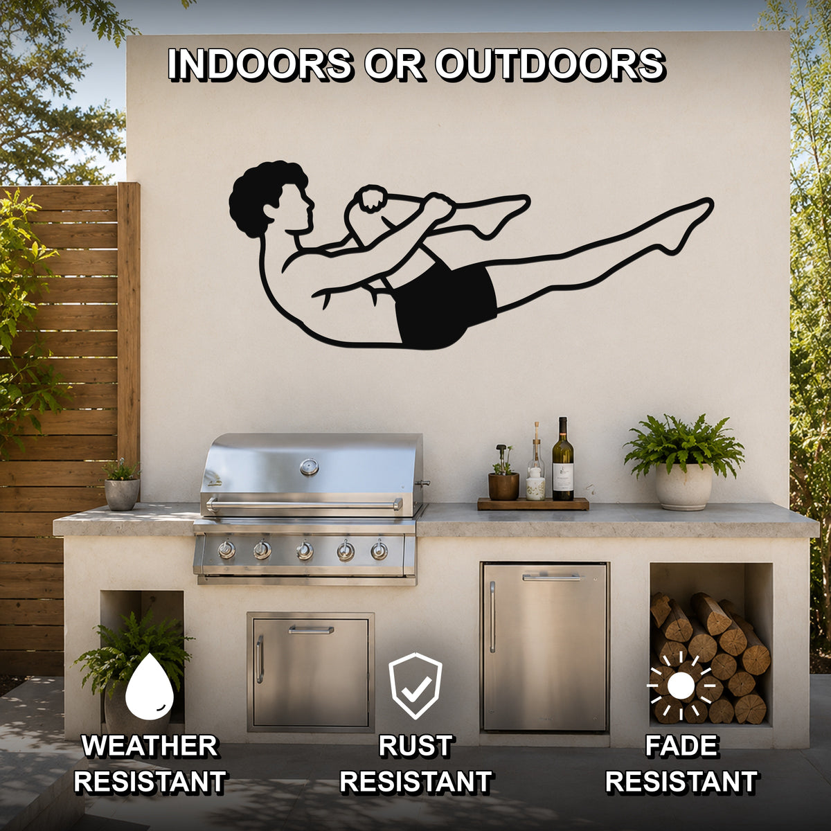 Male Classical Pilates Single Leg Stretch waterproof steel metal wall art, mockup 2