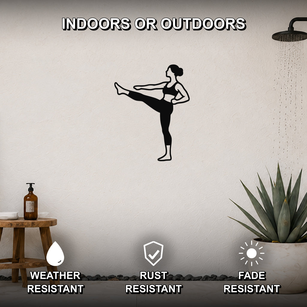 Female Karate Front Kick waterproof steel metal wall art, mockup 2